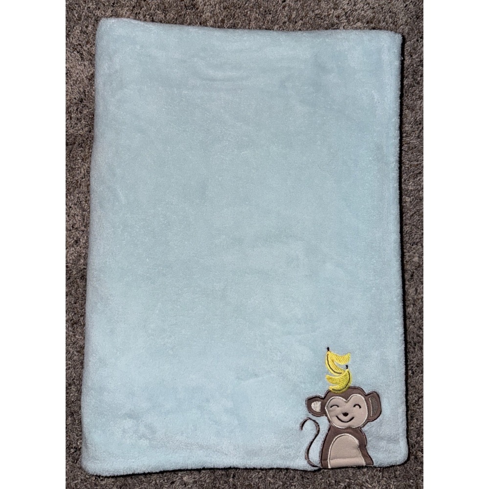 Carter's Aqua Blue Green Turquoise Gray Striped Monkey Banana Baby Blanket 40x30